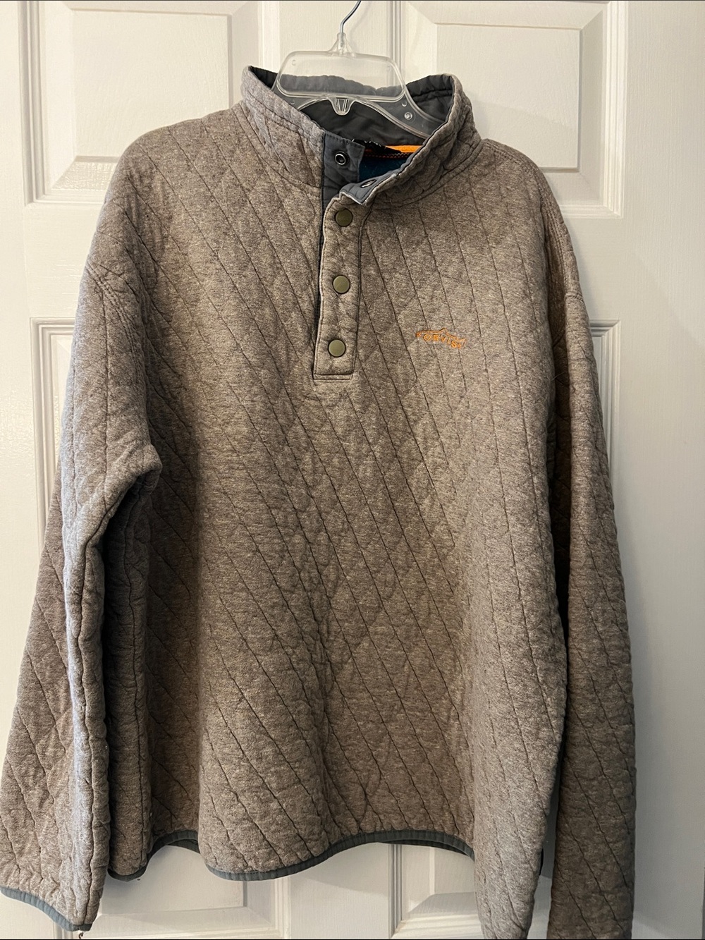 Orvis Trout BumQuilted Pullover Snap-Neck Sweatshirt in Taupe with Orange Accent